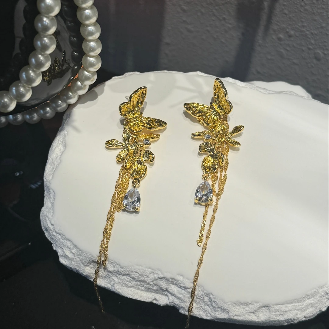 铜合金耳饰 金色蝴蝶长款流苏链条金色耳环显气质显高级耳环1527
