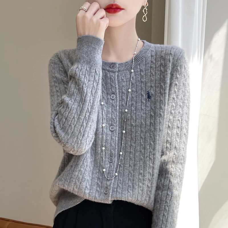 100纯羊毛开衫女圆领刺绣针织衫百搭外套绞花宽松纯色上衣