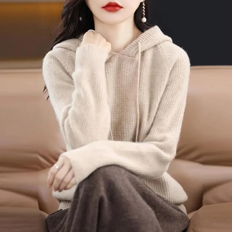 2023新款100%纯羊毛衫女连帽卫衣针织打底衫秋冬毛衣宽松带帽