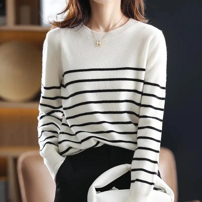 2025秋冬新款100羊毛衫圆领女宽松条纹毛衣羊毛打底衫