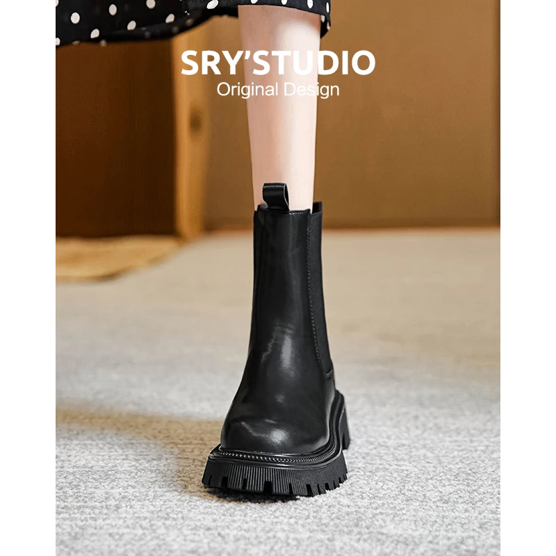 CZ6605牛皮切尔西靴2024秋季新款英伦风烟筒靴百搭靴子女士短靴
