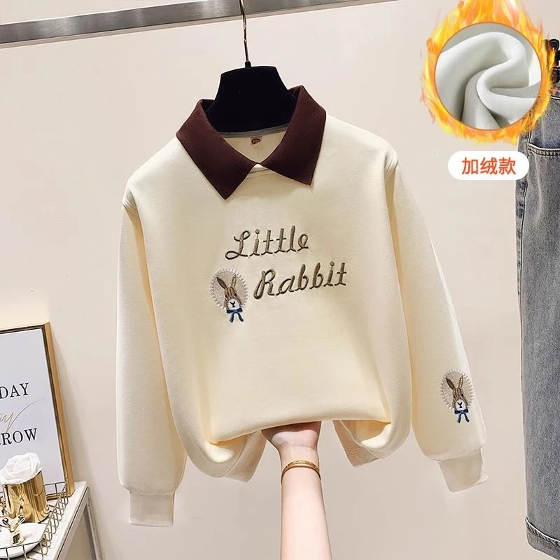 2025新款女童春秋休闲卫衣中大童POLO领卡通刺绣女孩秋冬加绒上衣