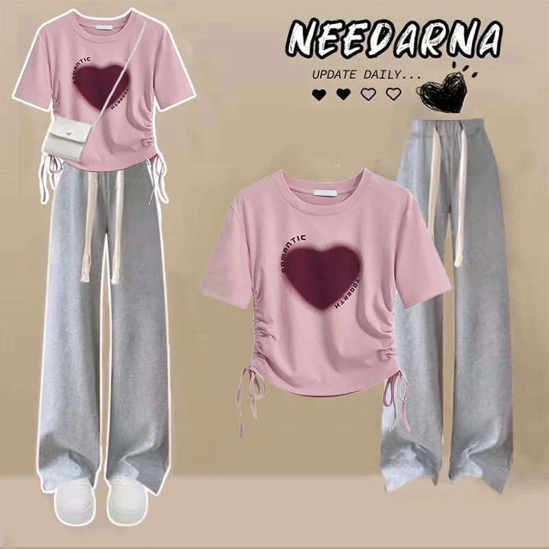 2024夏季甜酷套女童设计感小众正肩短袖T恤+高腰薄款阔腿裤两件套