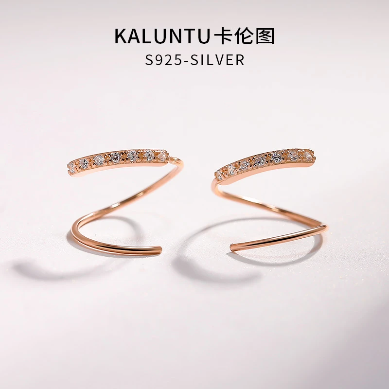 925银合成锆石耳饰 微镶钻耳环女镀18K玫瑰金色弯曲波浪气质耳饰