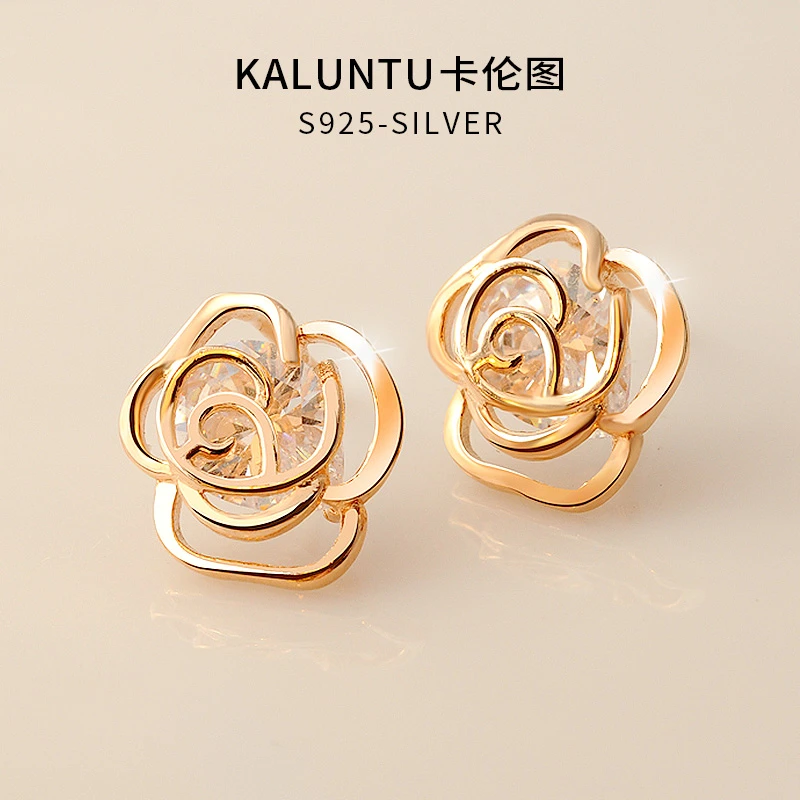 925银合成锆石耳饰 小香风耳钉女高级轻奢玫瑰金山茶花朵银针耳环