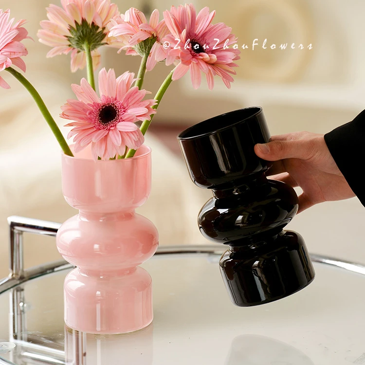 中古小众玻璃花瓶法式小摆件客厅黑色透明插花水培鲜花干花高级感