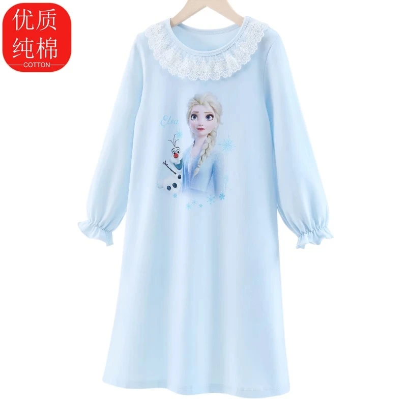 女童洋气优质纯棉睡衣春秋睡裙冰雪公主中小童长袖舒适卡通家居服