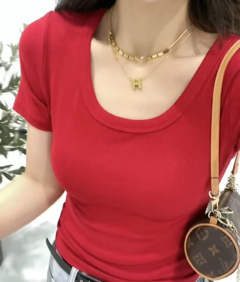 经典U领纯色螺纹T恤修身百搭显瘦短袖T恤上衣