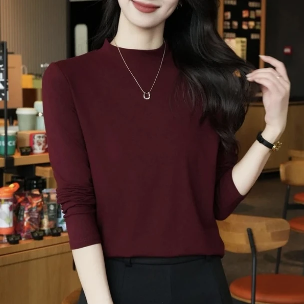 秋冬款立领打底衫时尚百搭长袖圆领T恤打底衫女