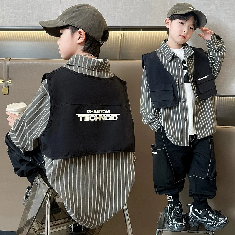 男童秋装条纹衬衣外套港风时髦春秋款中大儿童马甲洋气男孩衣服潮