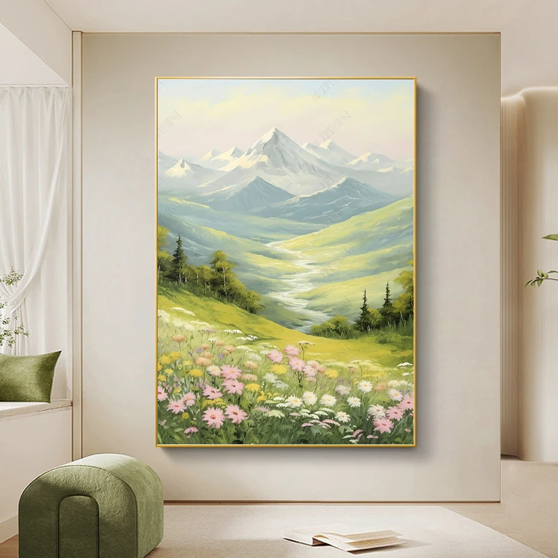 《青山绿水》手绘油画奶油风入户玄关高端客厅装饰挂画肌理手绘油画