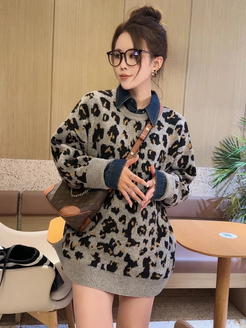 恰逢景主播同款毛衣女冬季气质上衣女软糯舒适外套慵懒豹纹毛衣女