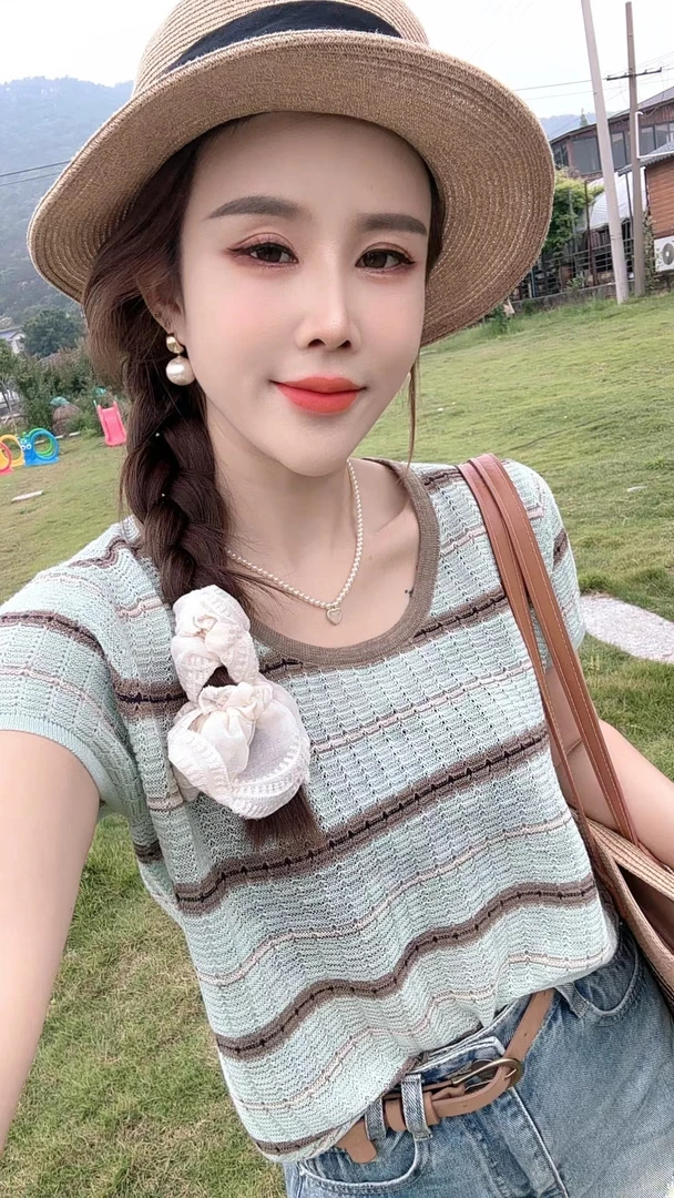 QiaFengJing/恰逢景夏季清凉针织衫韩系洋气显瘦条纹冰丝麻小衫