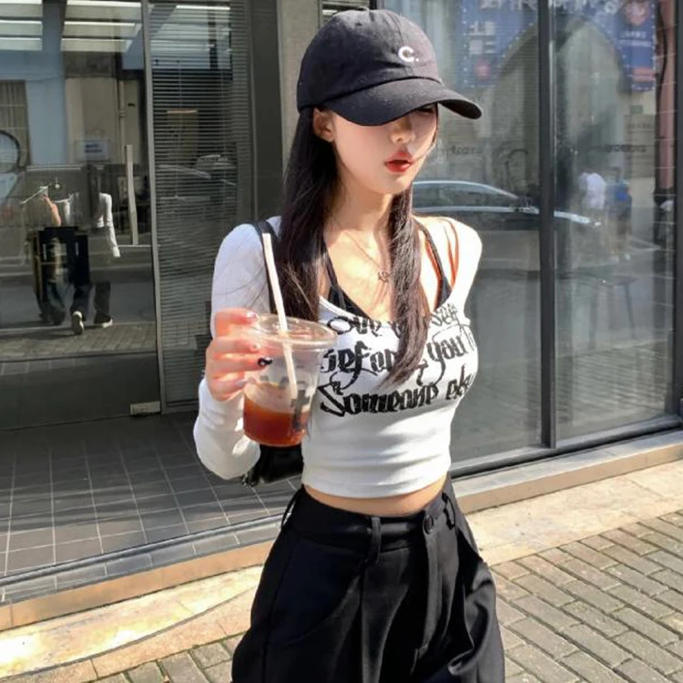 辣妹穿搭U领低胸紧身短款T恤女秋季新款打底衫洋气印花减龄上衣服