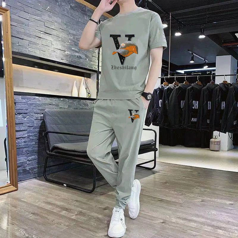 夏季新款透气薄款短袖运动男士休闲套装帅气男装韩版时尚一整套