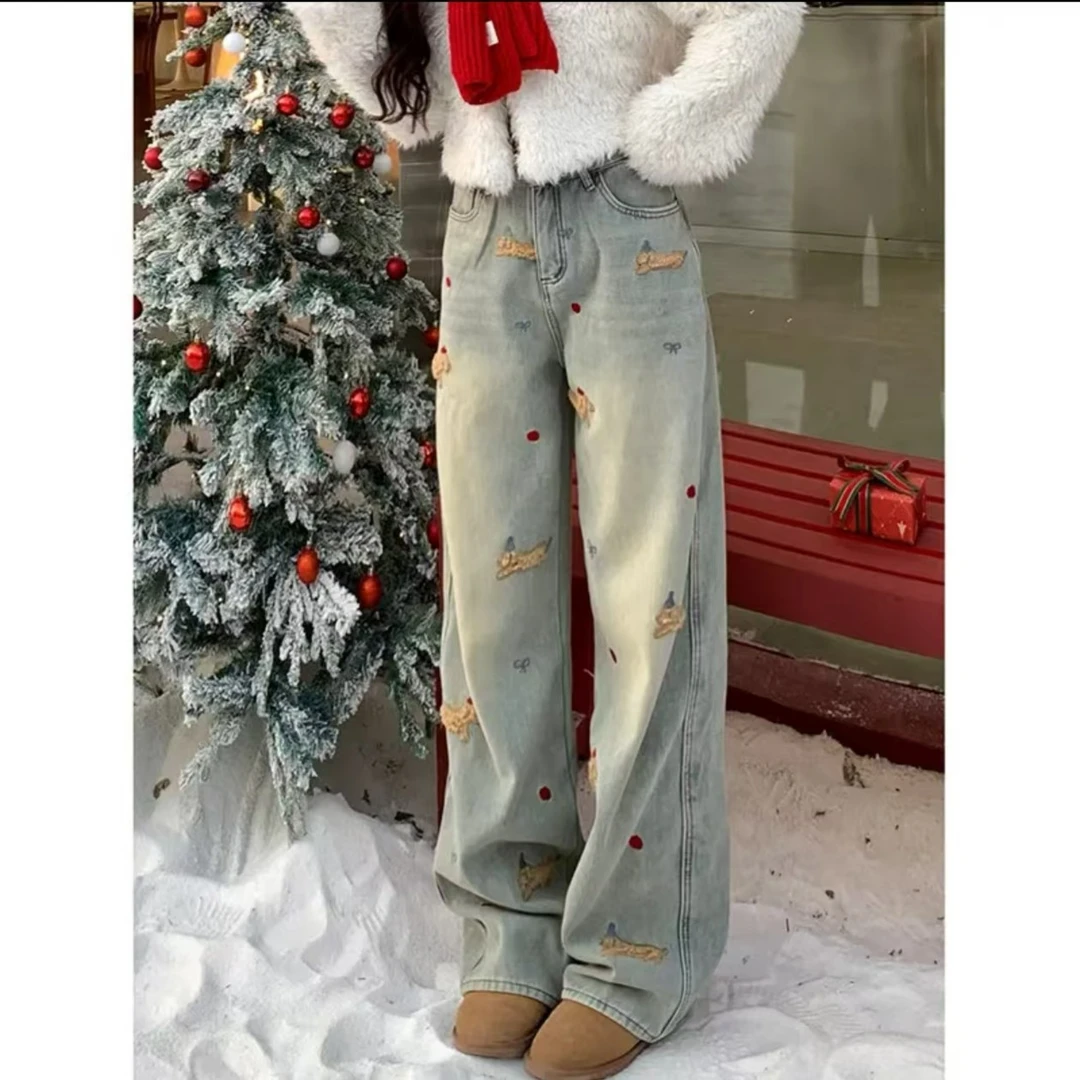 腊肠狗狗刺绣高腰加绒直筒牛仔裤女2025冬季高腰显瘦设计感阔腿裤