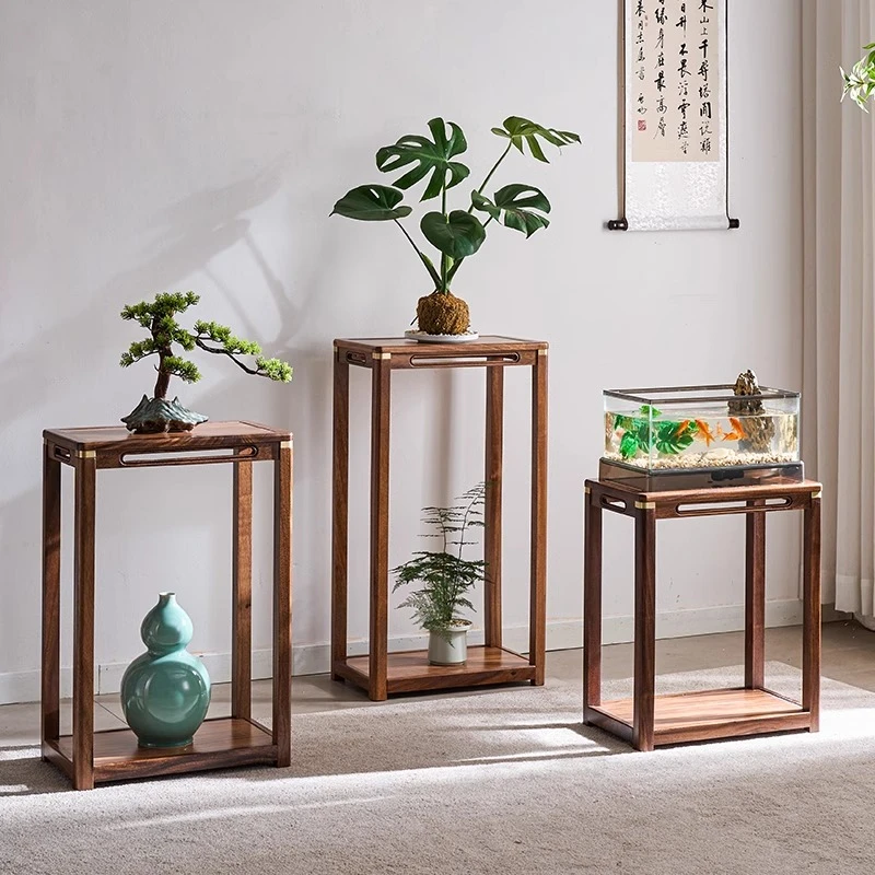 胡桃木花架鱼缸架加长加宽花架子阳台客厅落地式花架实木置物架