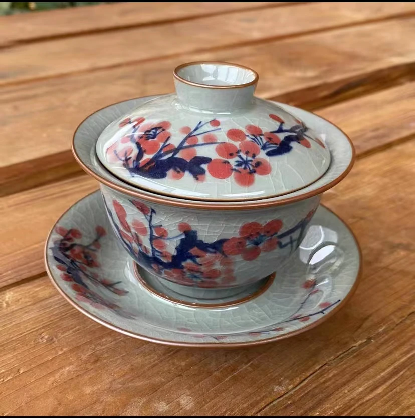 景德镇手绘青花三才盖碗单个手工仿古泡茶碗釉下彩喝茶功夫茶具