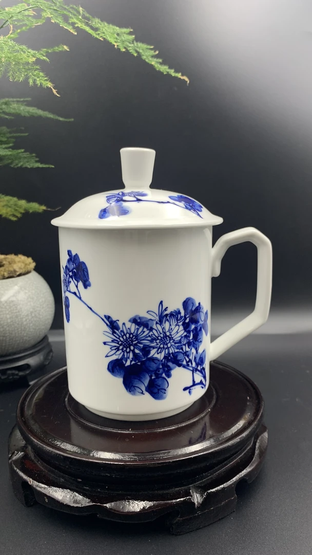 景德镇釉下手工手绘青花手绘陶瓷茶杯带盖办公杯泡茶杯子家用水杯