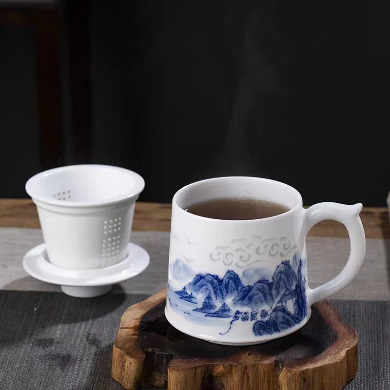 景德镇传统手绘青花玲珑过滤盖杯茶水分离茶杯家用杯办公杯礼品瓷