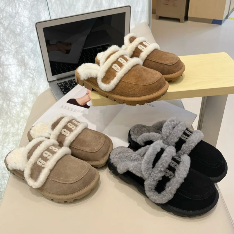 字母刺绣包头毛拖鞋女真皮冬季2024新款百搭外穿毛毛拖保暖雪地靴