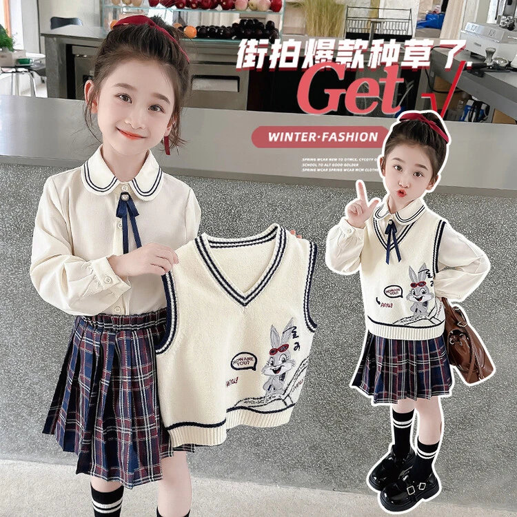 秋季宝网红JK套装2024新款春秋秋装学院儿童百褶裙网红洋气三件套