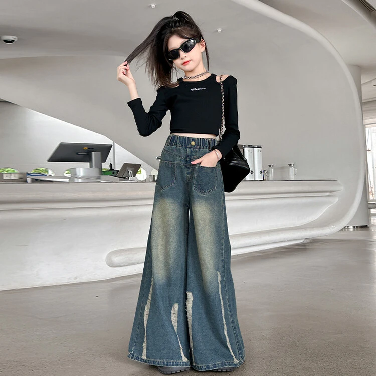 女童牛仔喇叭裤2024春秋新款中大童宽腿阔腿时尚洋气韩学生潮网红