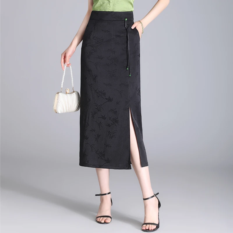 新中式开叉包臀裙女春夏2025新款气质显瘦半身裙中长款国风一步裙