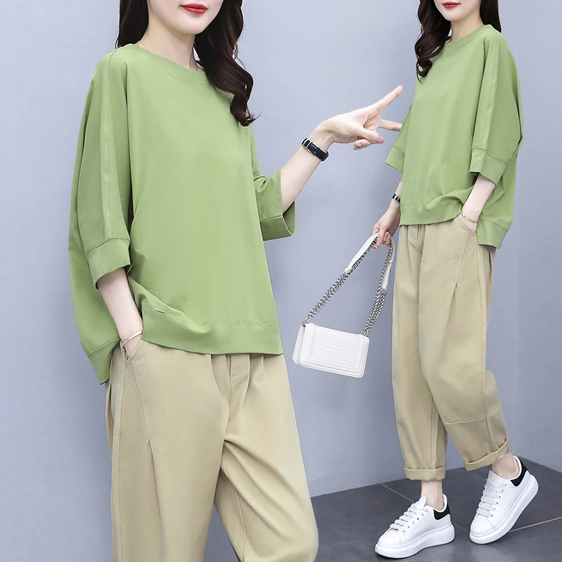 【热卖中】2024春夏季新款七分袖上衣+休闲裤时尚显瘦休闲两件套