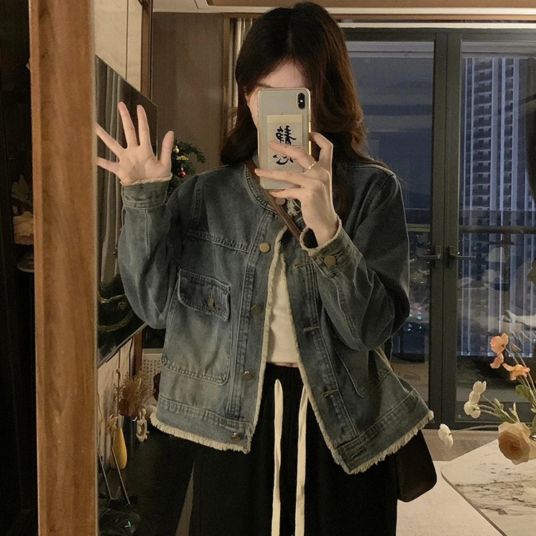 小个子港味复古毛边牛仔外套女早秋新款宽松显瘦气质上衣立领夹克