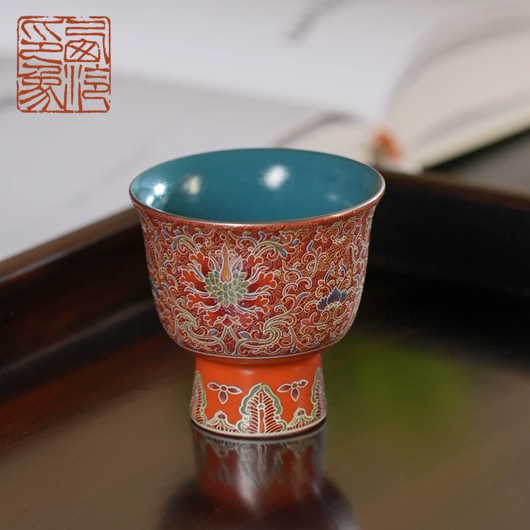 【西泠上新】景泰蓝珐琅釉缠枝纹小高足杯（故宫城墙红）HX0130a