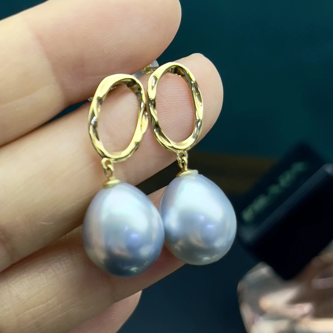 铂金灰大溪地珍珠耳环18k金海水珍珠耳钉12-13mm异形不规则送妈妈