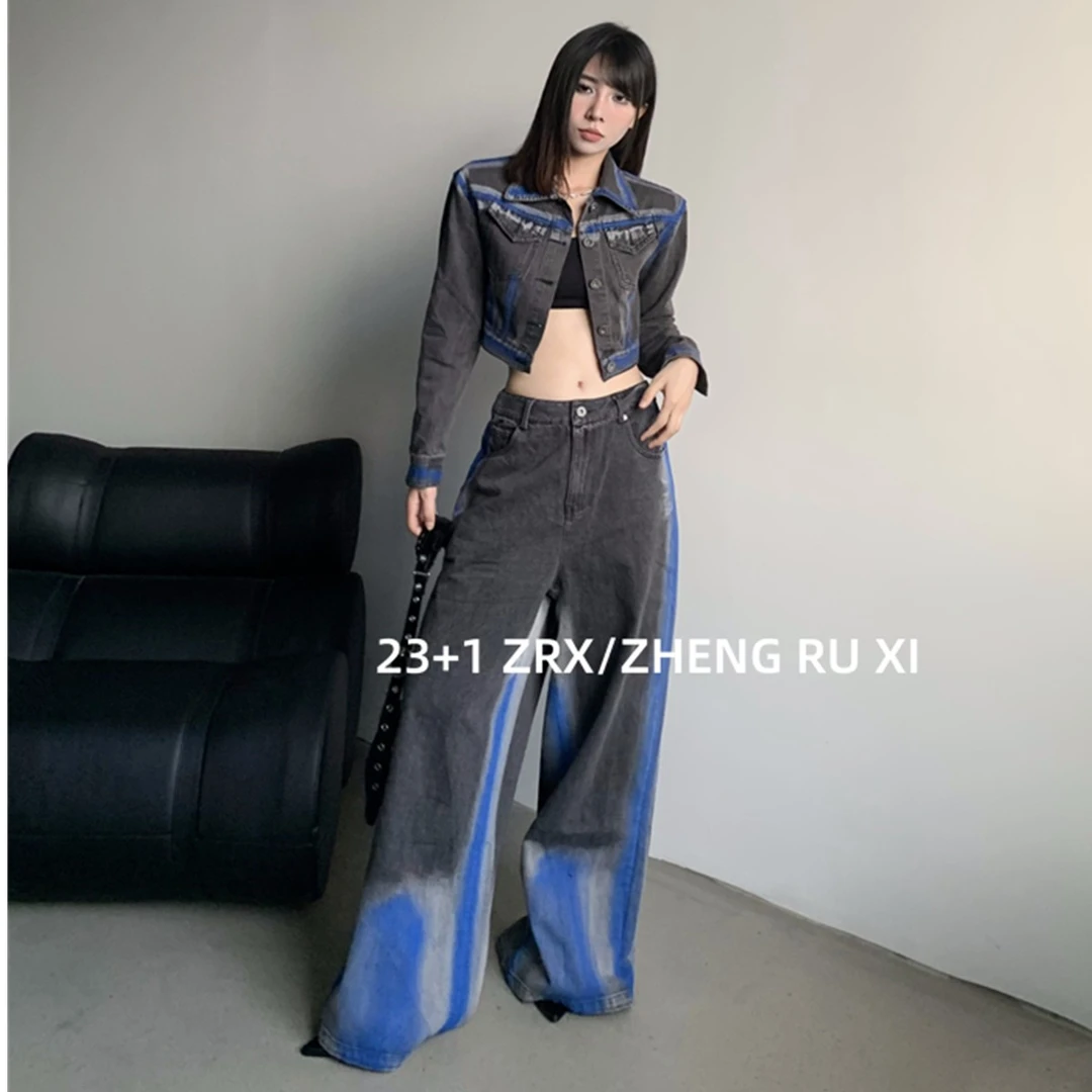 付新博女装正洳西设计师款手绘撞色牛仔短外套+牛仔裤套装女12547