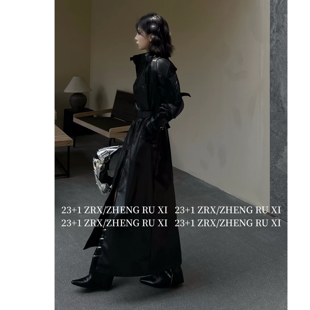 付新博女装结构袖肩皮衣外套女机车复古时尚长款PU皮大衣13206