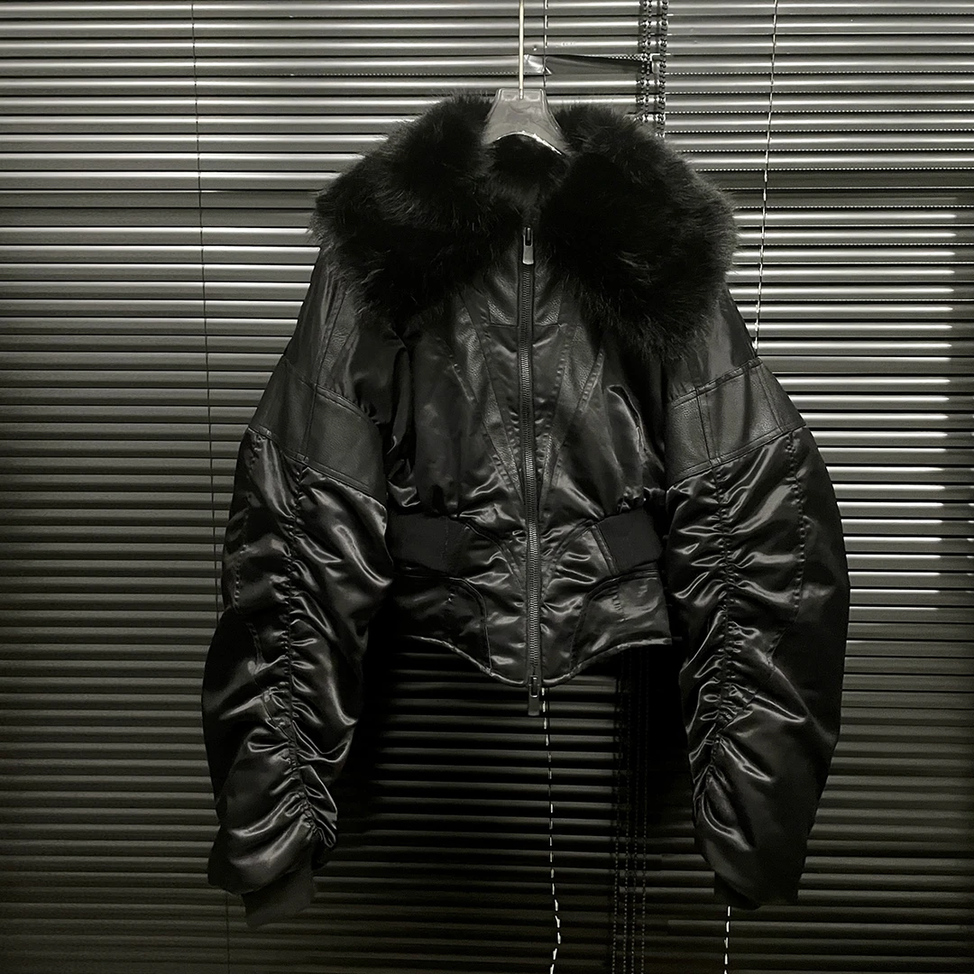 付新博女装拼接皮质收腰棉服外套女小众设计保暖时尚棉衣13563