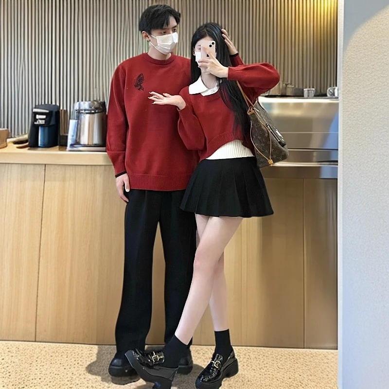 显瘦显高套装女2024秋冬新款情侣装毛衣圣诞节喜庆过年百搭针织衫