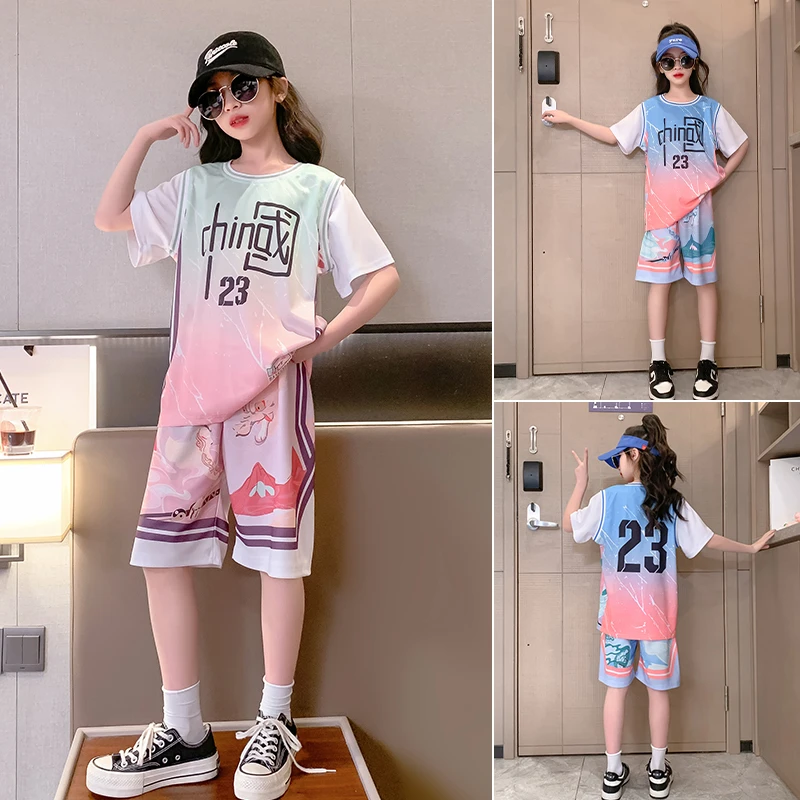中大童篮球服女童速干运动套装夏季透气球衣宽松薄短袖两件套新款