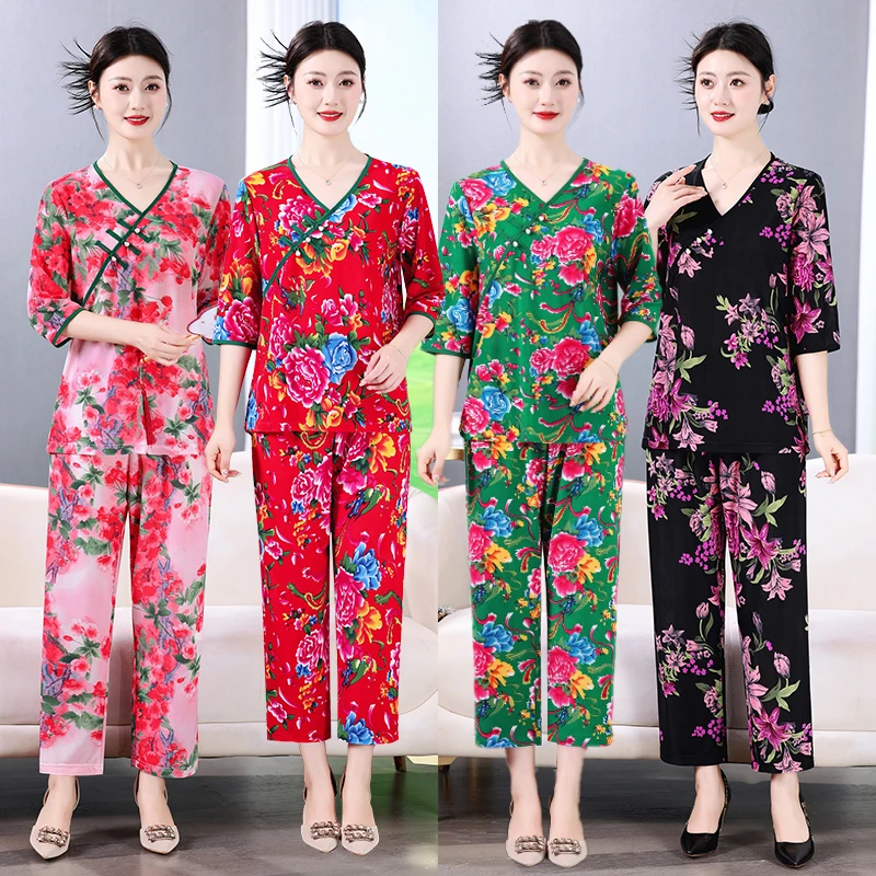 中老年妈妈装夏装套50-60岁夏季时尚两件套减龄中袖T恤上衣裤子