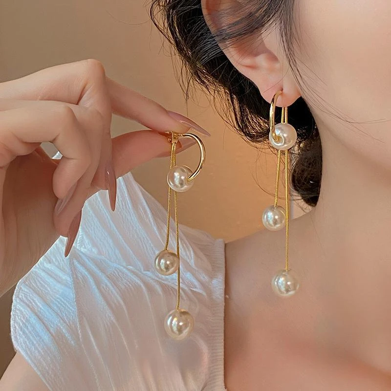 一式两戴珠珠长款耳坠百搭韩版耳环女个性通勤耳饰名媛风潮流爆款