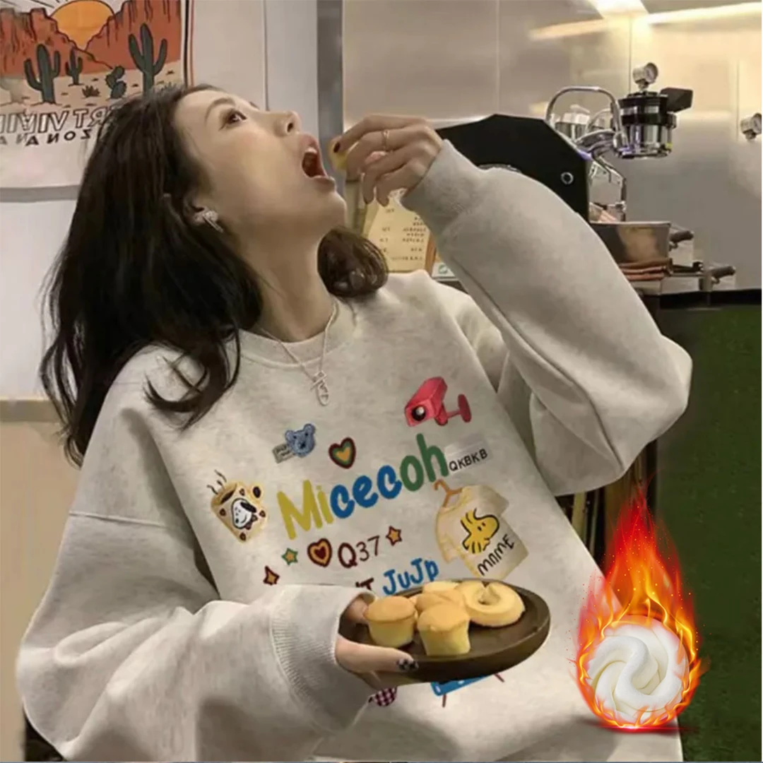 加绒加厚卫衣女2024秋冬季圆领宽松爆款情侣内搭打底衫秋冬长袖YF