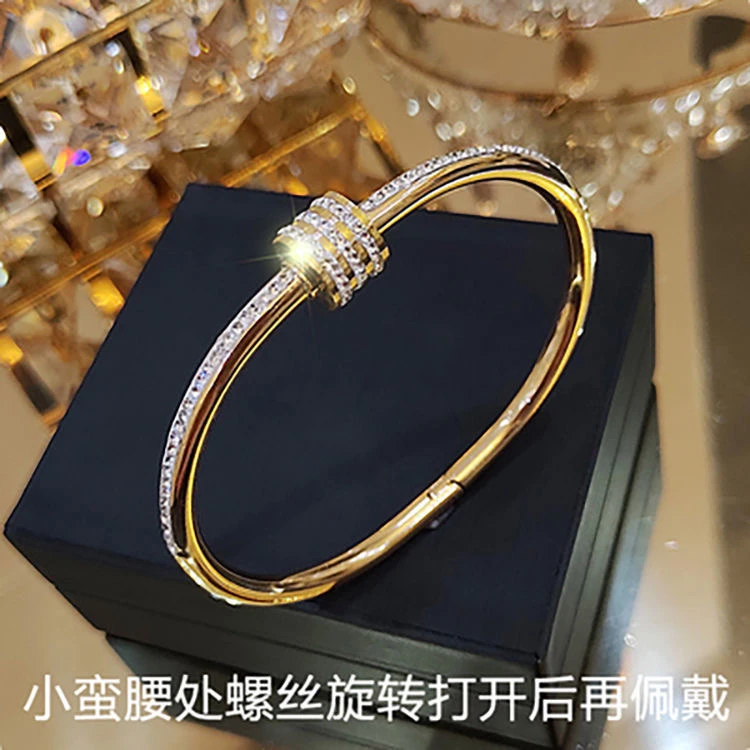 钛钢合成锆石手镯 手镯女ins潮小众设计小蛮腰网红手饰品玫瑰金