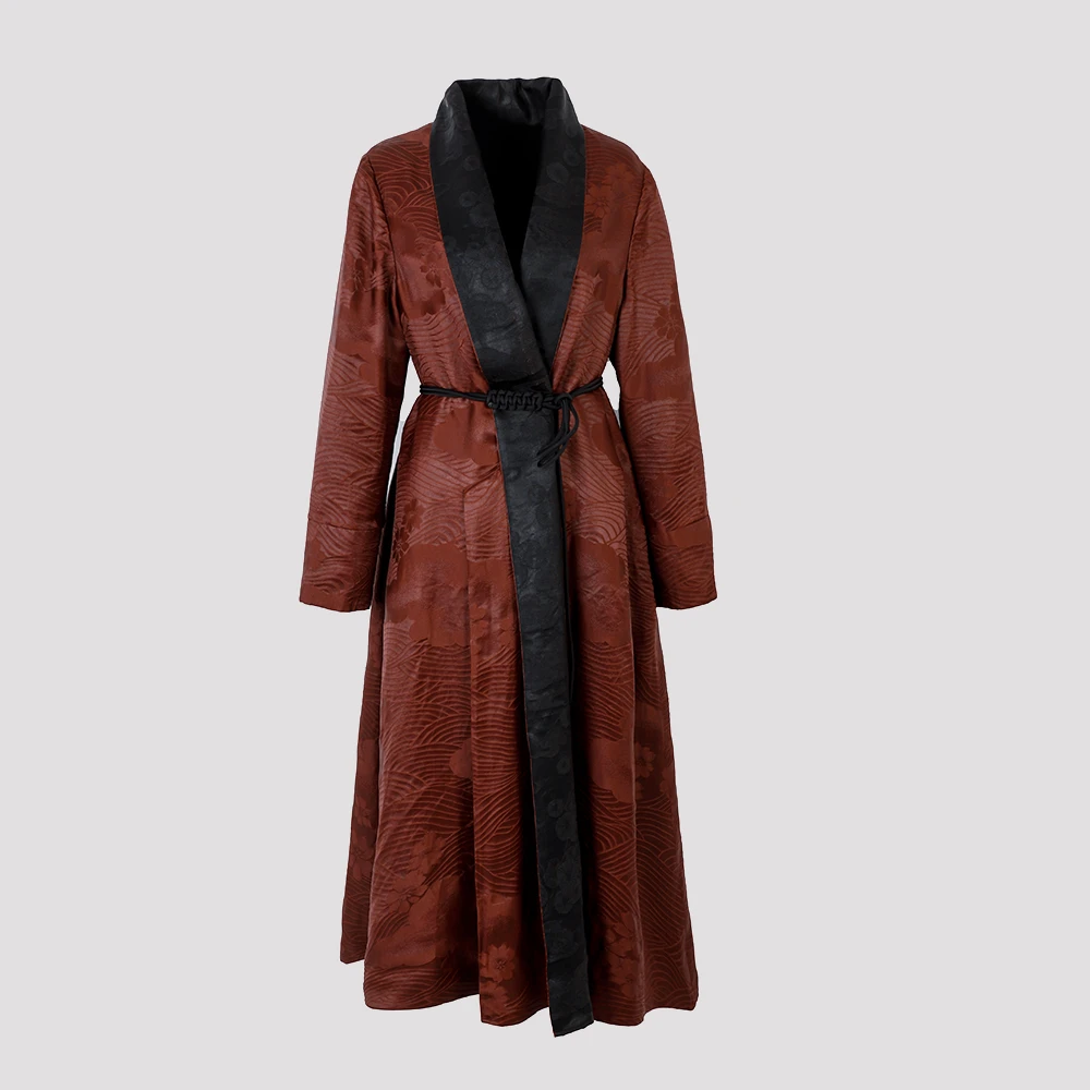 陌妆品牌新款双面穿香云纱气质时尚中长款女士提花长袖大衣33707