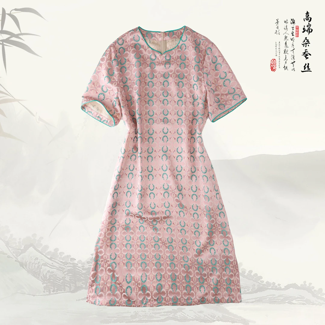 品牌新款桑蚕丝印花圆领连衣裙429631