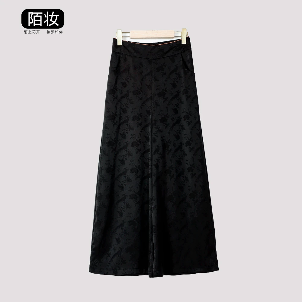 时尚女装桑蚕丝裤子透气休闲裤松紧腰提花百搭阔腿裤31782