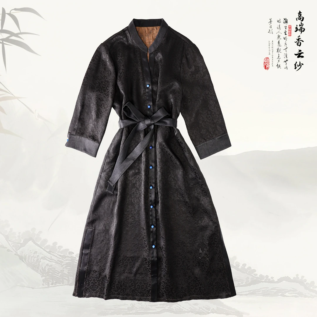 品牌新款香云纱国风排扣V领提花连衣裙429673