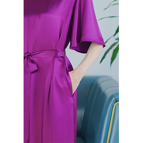 新款V领纯色宽松系带中长裙时尚气质夏季百搭光面连衣裙32506