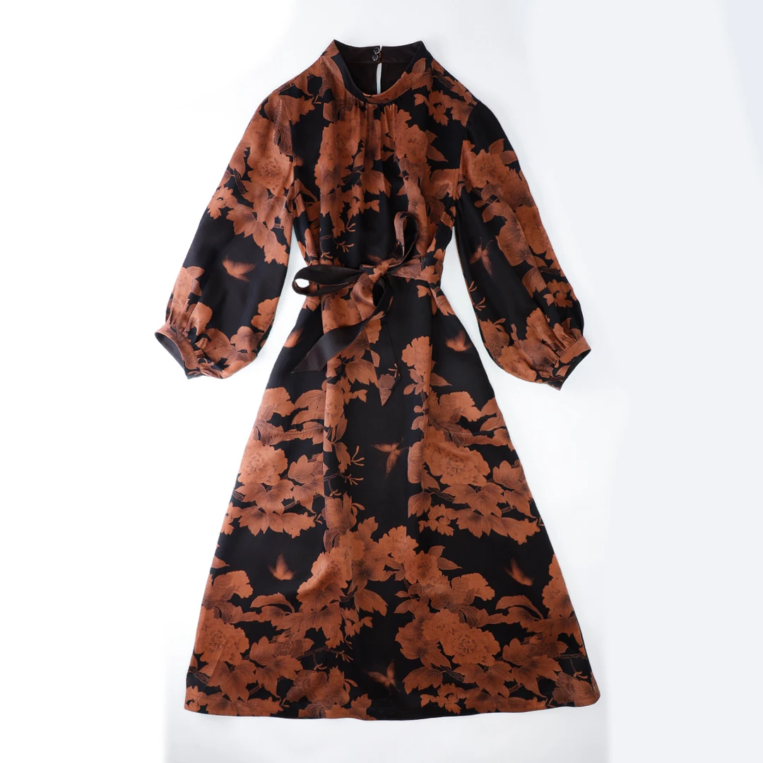 【牡丹亭.花月】新款双面穿香云纱国风新中式中袖圆领连衣裙436147