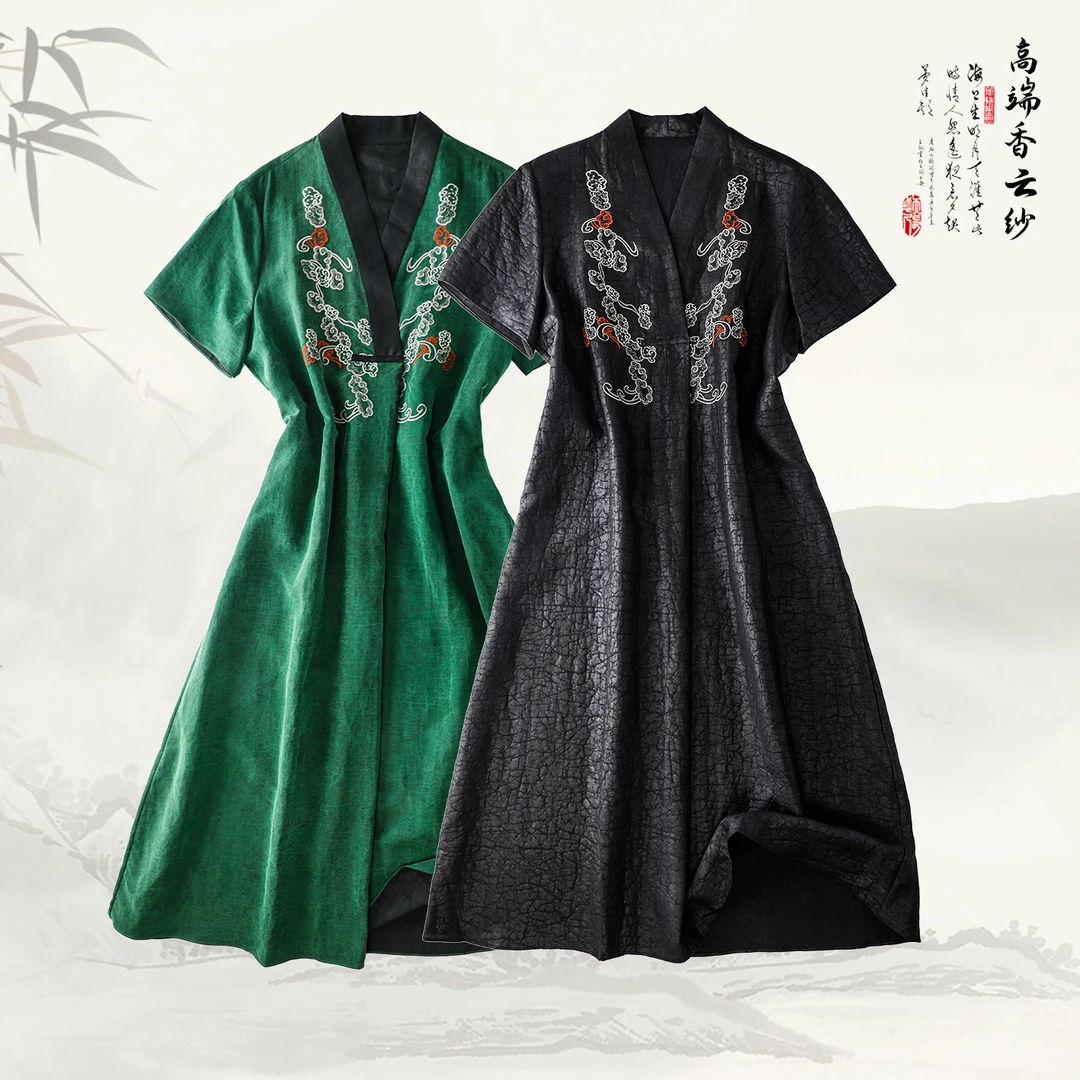 品牌新款香云纱桑蚕丝刺绣龟裂纹短袖连衣裙42659大码