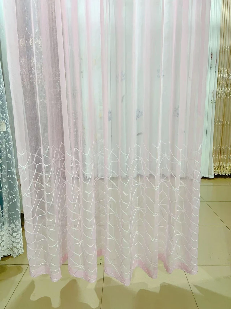 80161特价成品窗纱粉色刺绣纱帘现代轻奢高2.7米挂钩款涤纶透光