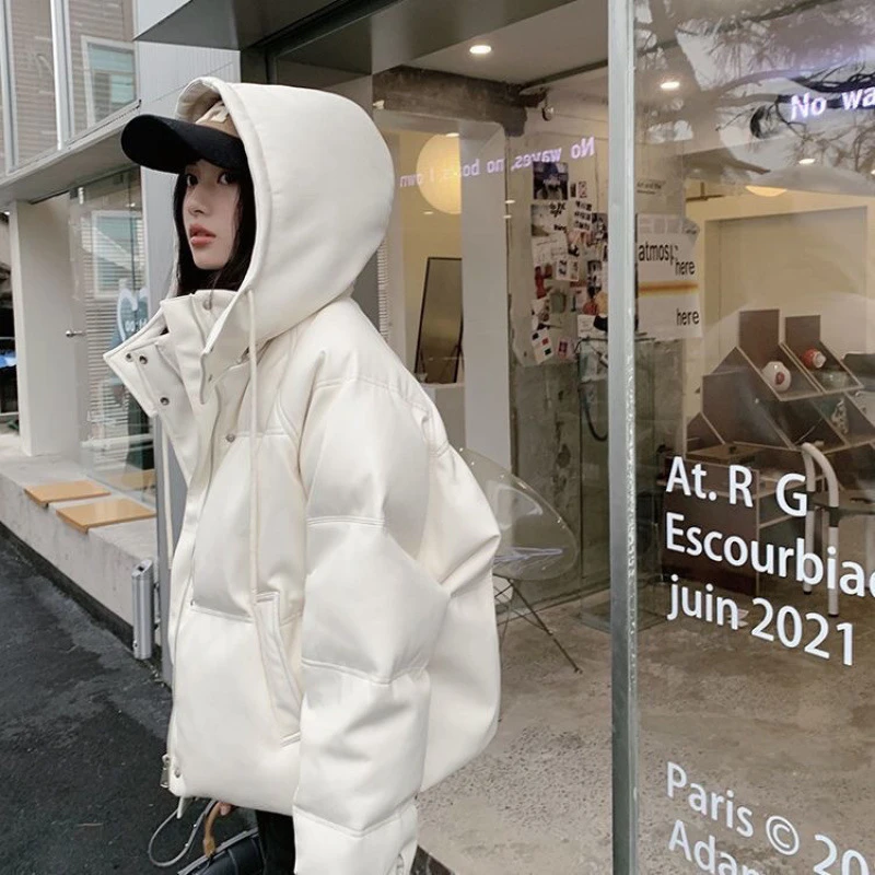 白色连帽PU棉服外套女冬季加厚设计感小众面包服洋气